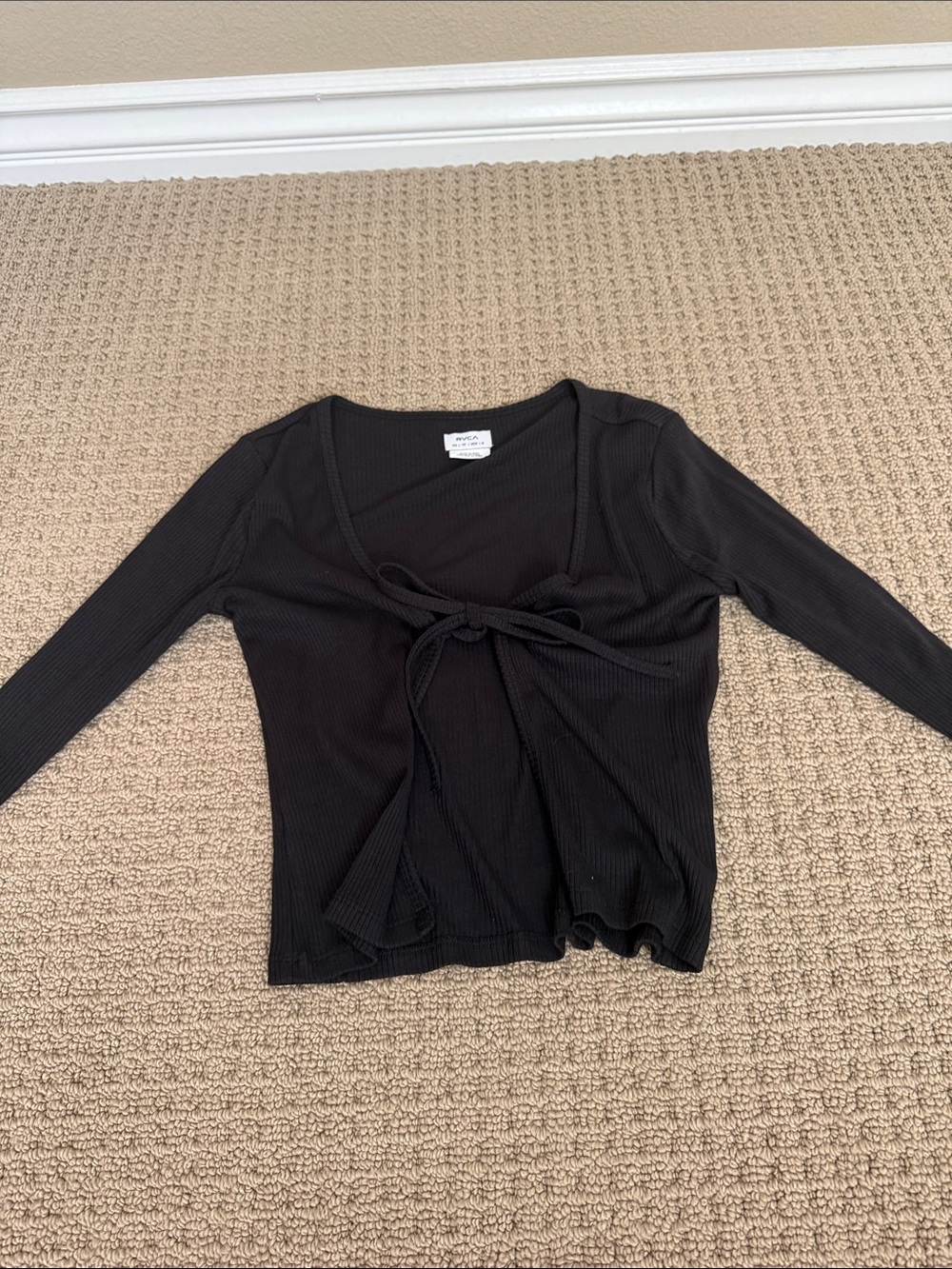RVCA Black Ribbed Tie-Front Long Sleeve Top
